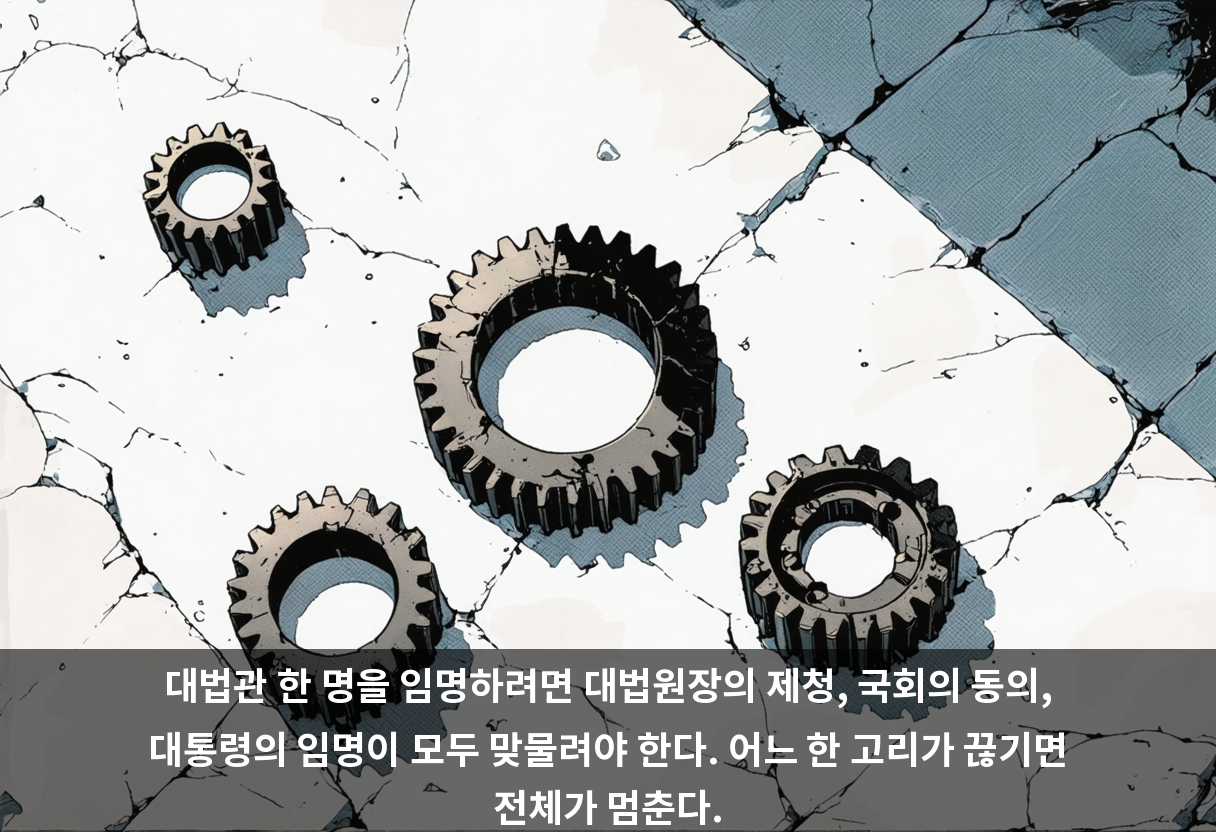 대법관 한 명을 임명하려면 대법원장의 제청, 국회의 동의, 대통령의 임명이 모두 맞물려야 한다. 어느 한 고리가 끊기면 전체가 멈춘다.