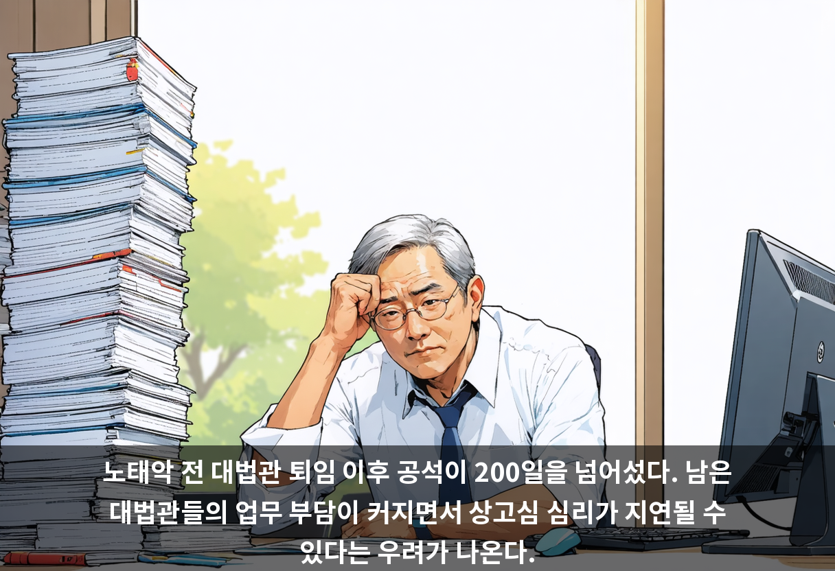 노태악 전 대법관 퇴임 이후 공석이 200일을 넘어섰다. 남은 대법관들의 업무 부담이 커지면서 상고심 심리가 지연될 수 있다는 우려가 나온다.