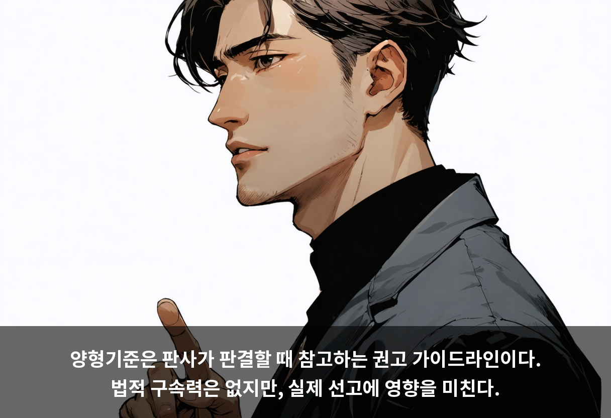 양형기준은 판사가 판결할 때 참고하는 권고 가이드라인이다. 법적 구속력은 없지만, 실제 선고에 영향을 미친다.