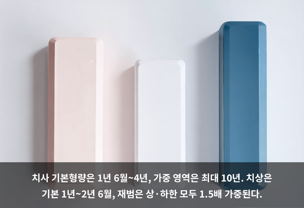 치사 기본형량은 1년 6월~4년, 가중 영역은 최대 10년. 치상은 기본 1년~2년 6월, 재범은 상·하한 모두 1.5배 가중된다.