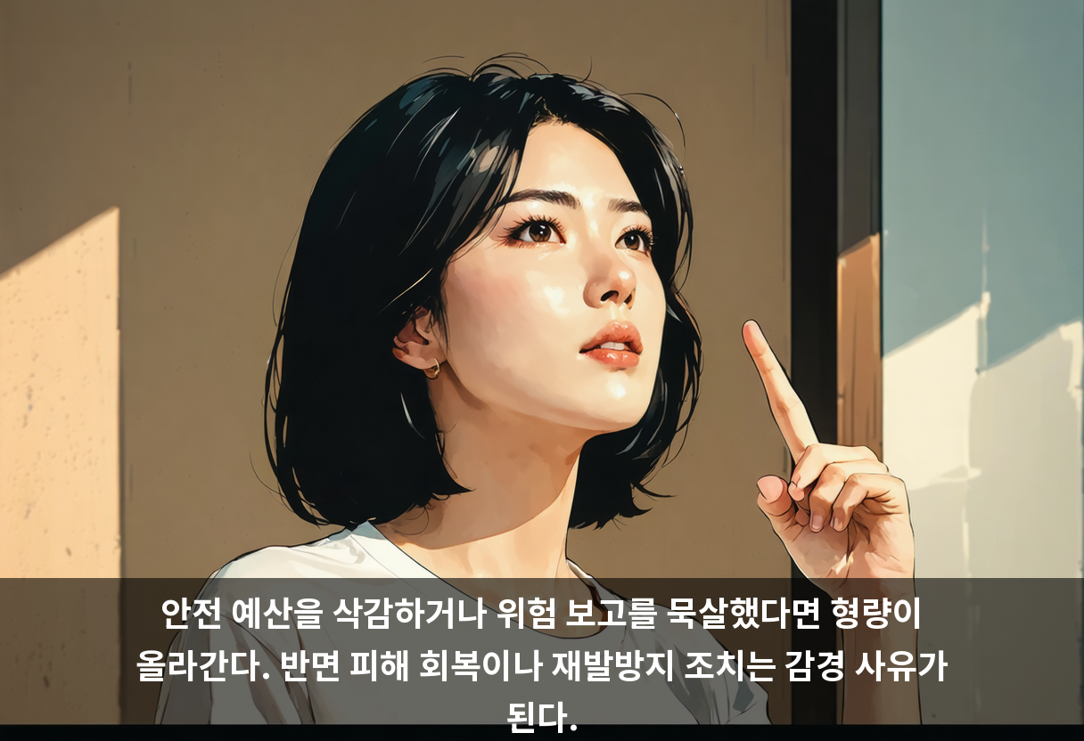 안전 예산을 삭감하거나 위험 보고를 묵살했다면 형량이 올라간다. 반면 피해 회복이나 재발방지 조치는 감경 사유가 된다.