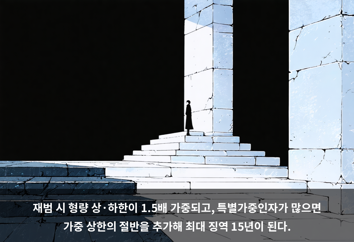 재범 시 형량 상·하한이 1.5배 가중되고, 특별가중인자가 많으면 가중 상한의 절반을 추가해 최대 징역 15년이 된다.