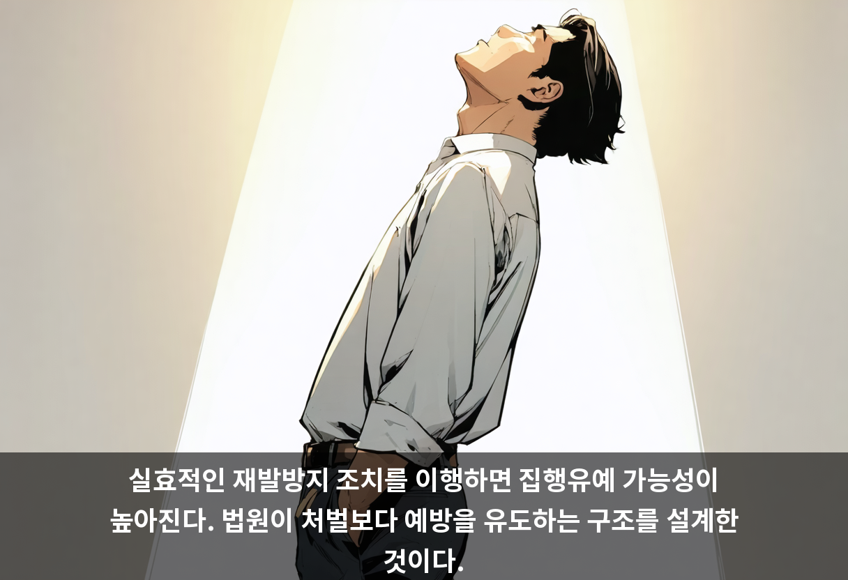 실효적인 재발방지 조치를 이행하면 집행유예 가능성이 높아진다. 법원이 처벌보다 예방을 유도하는 구조를 설계한 것이다.