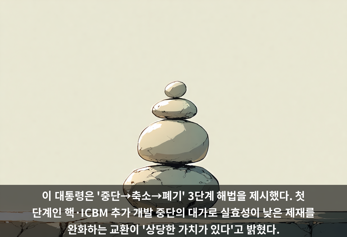 이 대통령은 '중단→축소→폐기' 3단계 해법을 제시했다. 첫 단계인 핵·ICBM 추가 개발 중단의 대가로 실효성이 낮은 제재를 완화하는 교환이 '상당한 가치가 있다'고 밝혔다.