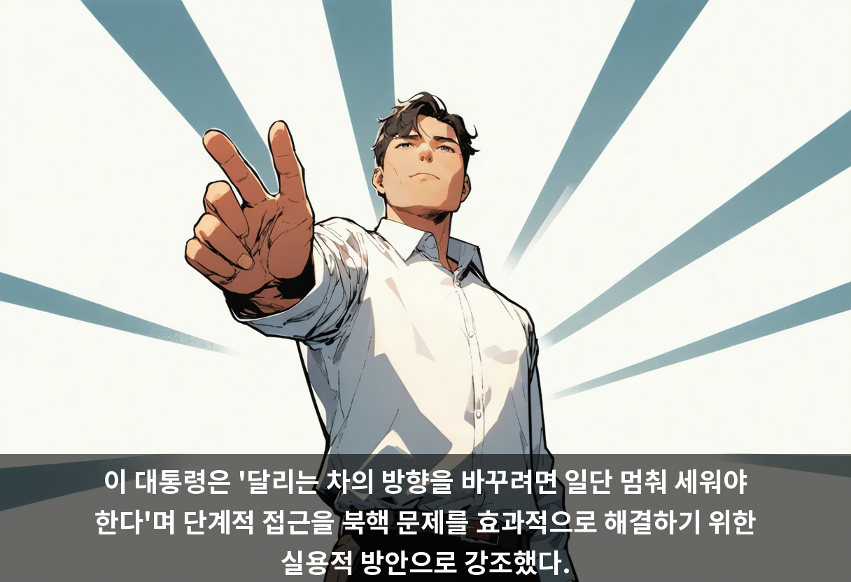 이 대통령은 '달리는 차의 방향을 바꾸려면 일단 멈춰 세워야 한다'며 단계적 접근을 북핵 문제를 효과적으로 해결하기 위한 실용적 방안으로 강조했다.