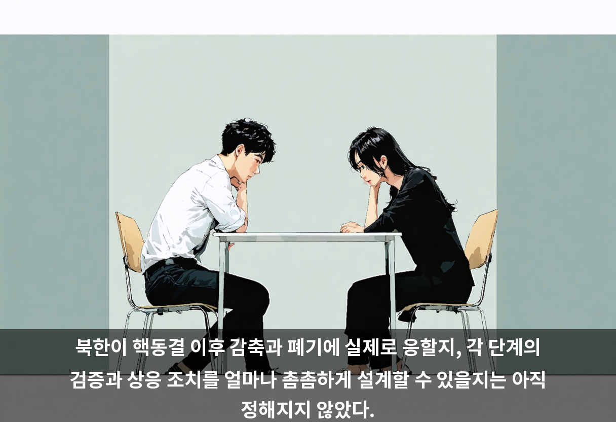 북한이 핵동결 이후 감축과 폐기에 실제로 응할지, 각 단계의 검증과 상응 조치를 얼마나 촘촘하게 설계할 수 있을지는 아직 정해지지 않았다.