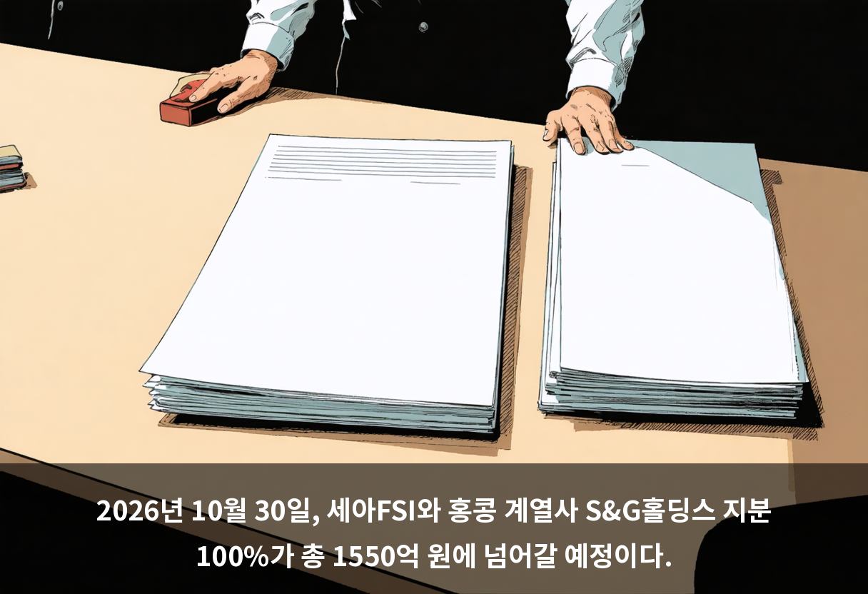 2026년 10월 30일, 세아FSI와 홍콩 계열사 S&G홀딩스 지분 100%가 총 1550억 원에 넘어갈 예정이다.