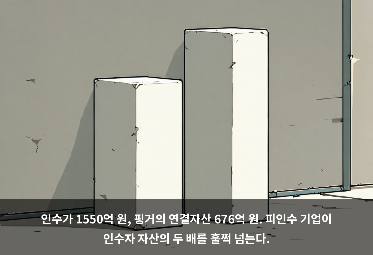 인수가 1550억 원, 핑거의 연결자산 676억 원. 피인수 기업이 인수자 자산의 두 배를 훌쩍 넘는다.