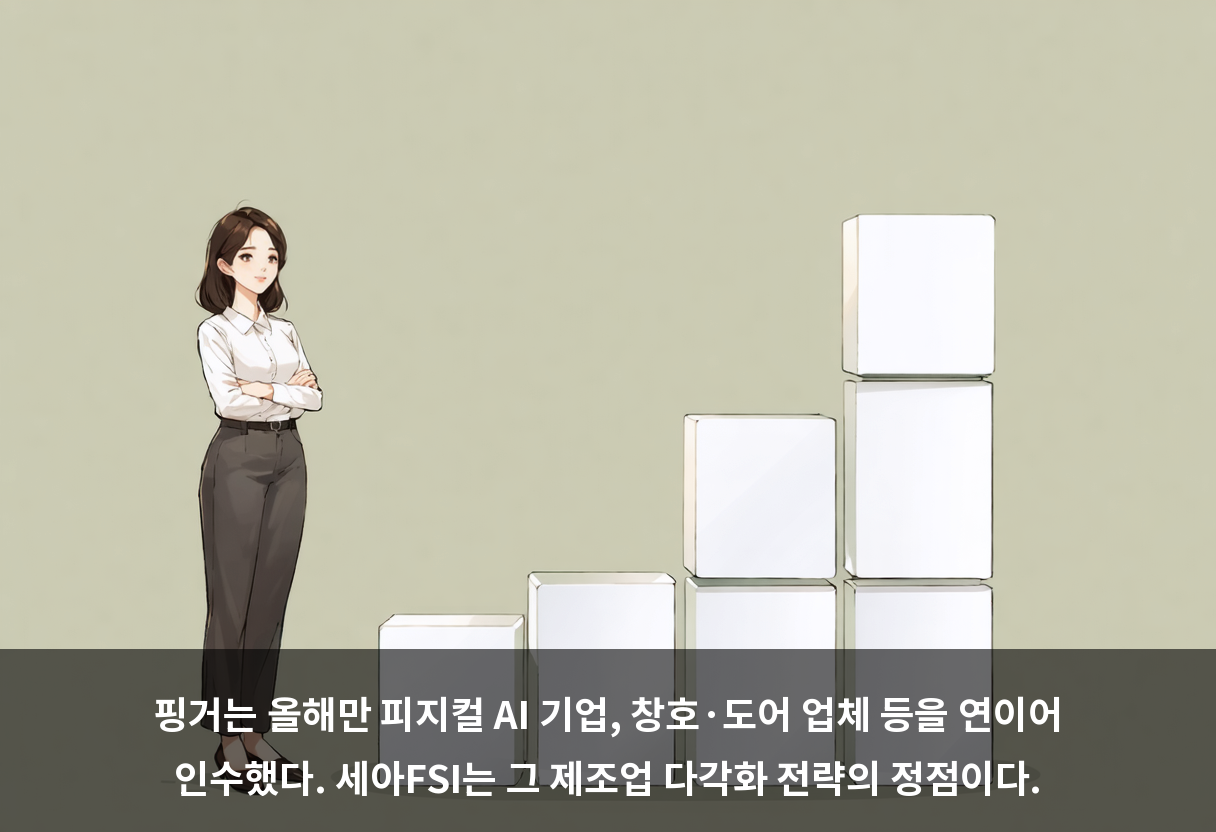 핑거는 올해만 피지컬 AI 기업, 창호·도어 업체 등을 연이어 인수했다. 세아FSI는 그 제조업 다각화 전략의 정점이다.