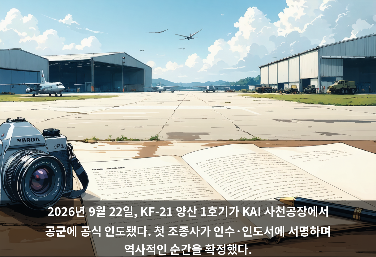 2026년 9월 22일, KF-21 양산 1호기가 KAI 사천공장에서 공군에 공식 인도됐다. 첫 조종사가 인수·인도서에 서명하며 역사적인 순간을 확정했다.
