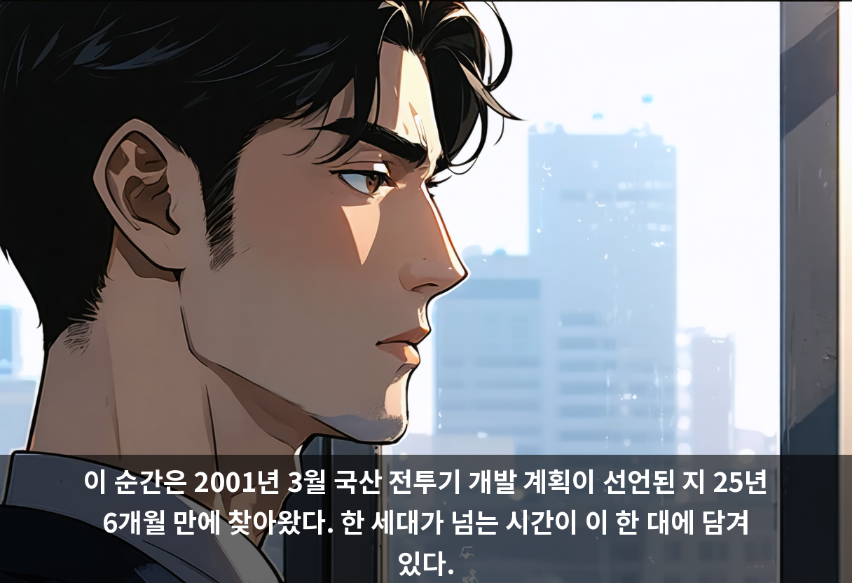 이 순간은 2001년 3월 국산 전투기 개발 계획이 선언된 지 25년 6개월 만에 찾아왔다. 한 세대가 넘는 시간이 이 한 대에 담겨 있다.