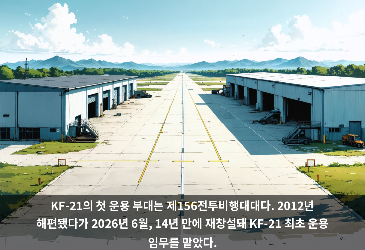 KF-21의 첫 운용 부대는 제156전투비행대대다. 2012년 해편됐다가 2026년 6월, 14년 만에 재창설돼 KF-21 최초 운용 임무를 맡았다.