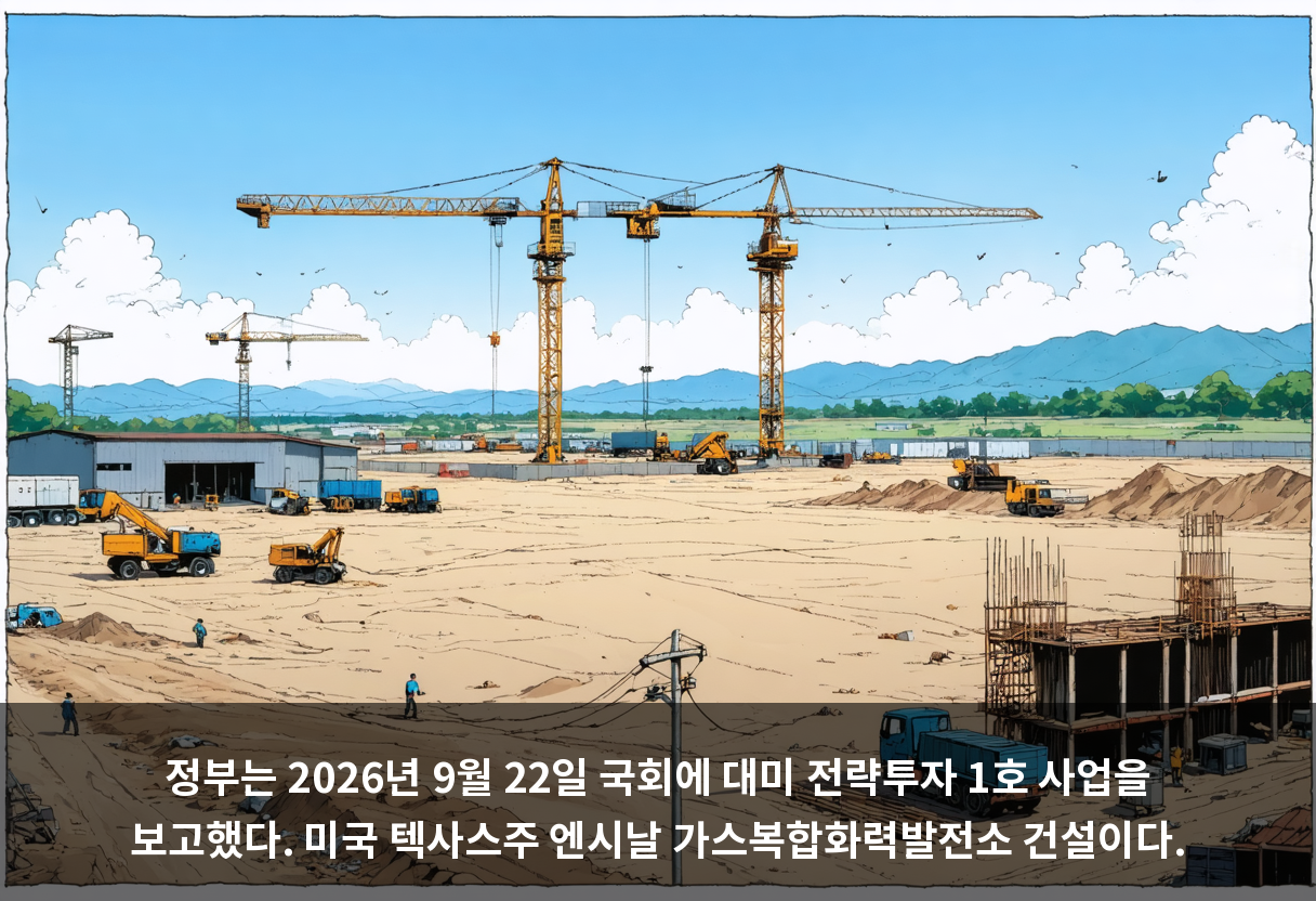 정부는 2026년 9월 22일 국회에 대미 전략투자 1호 사업을 보고했다. 미국 텍사스주 엔시날 가스복합화력발전소 건설이다.