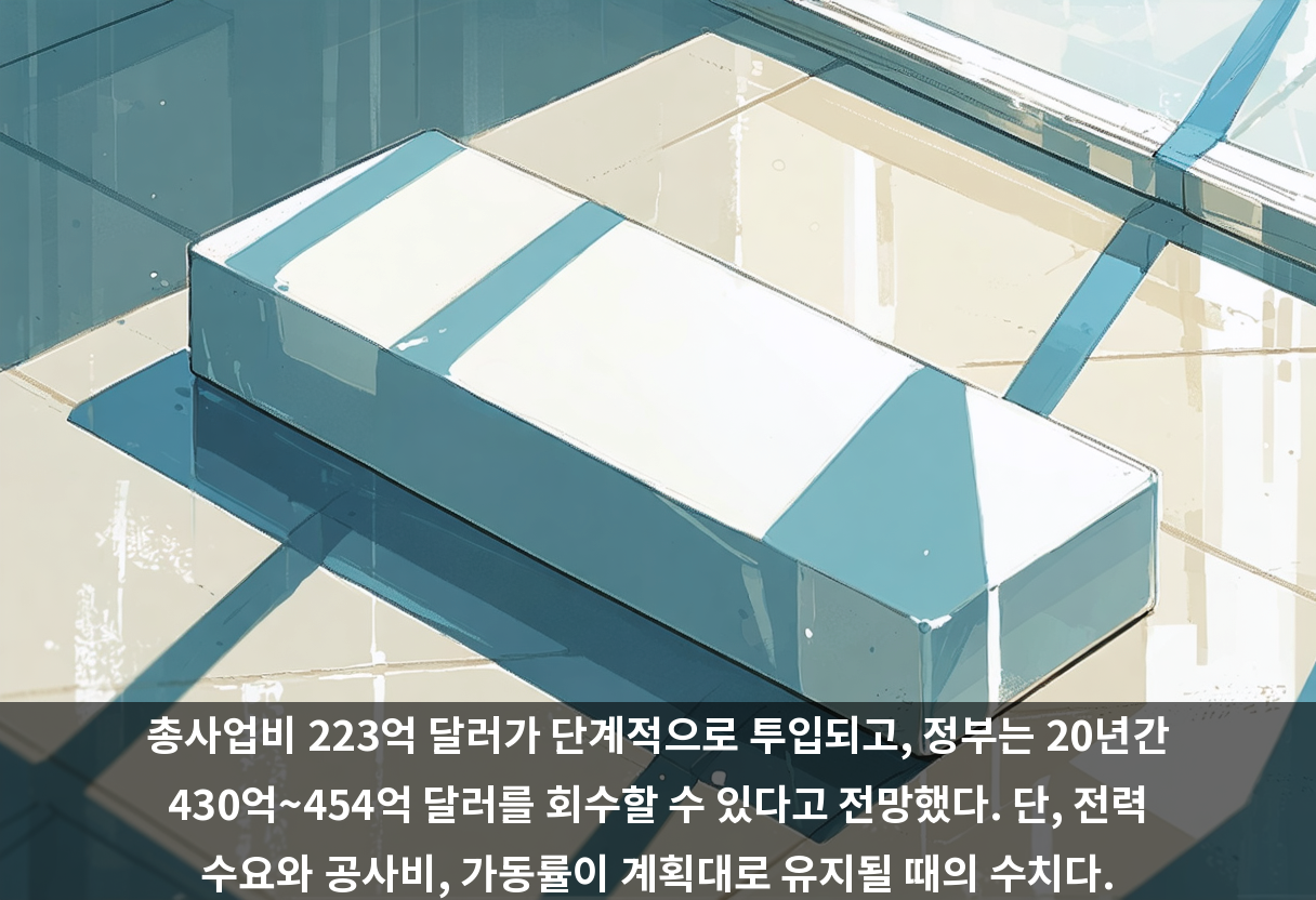 총사업비 223억 달러가 단계적으로 투입되고, 정부는 20년간 430억~454억 달러를 회수할 수 있다고 전망했다. 단, 전력 수요와 공사비, 가동률이 계획대로 유지될 때의 수치다.