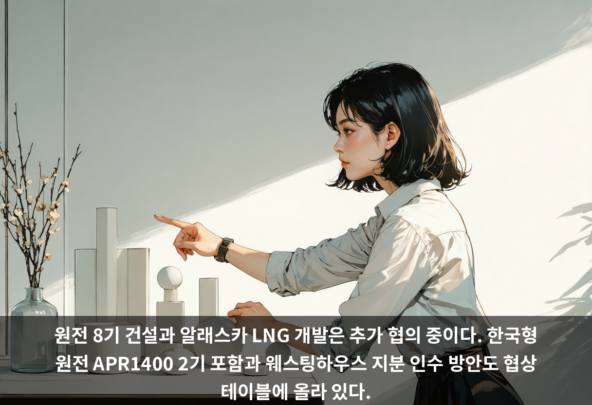원전 8기 건설과 알래스카 LNG 개발은 추가 협의 중이다. 한국형 원전 APR1400 2기 포함과 웨스팅하우스 지분 인수 방안도 협상 테이블에 올라 있다.
