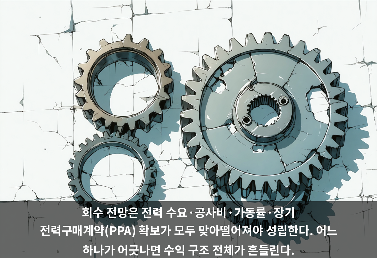 회수 전망은 전력 수요·공사비·가동률·장기 전력구매계약(PPA) 확보가 모두 맞아떨어져야 성립한다. 어느 하나가 어긋나면 수익 구조 전체가 흔들린다.