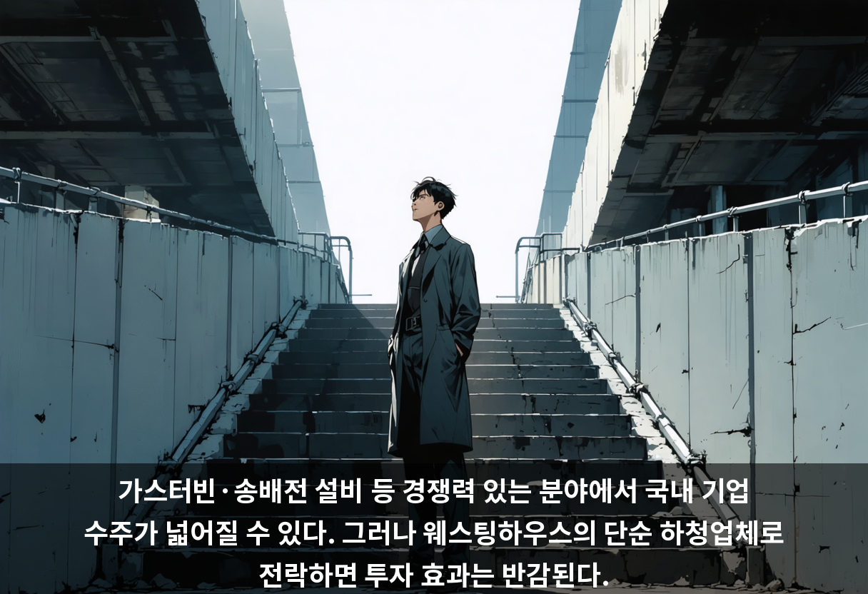 가스터빈·송배전 설비 등 경쟁력 있는 분야에서 국내 기업 수주가 넓어질 수 있다. 그러나 웨스팅하우스의 단순 하청업체로 전락하면 투자 효과는 반감된다.