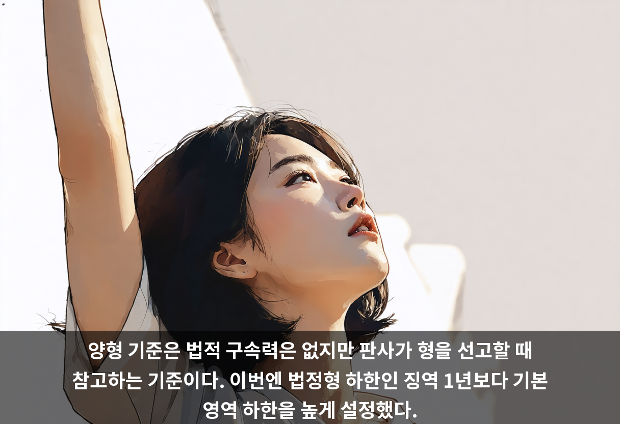 양형 기준은 법적 구속력은 없지만 판사가 형을 선고할 때 참고하는 기준이다. 이번엔 법정형 하한인 징역 1년보다 기본 영역 하한을 높게 설정했다.