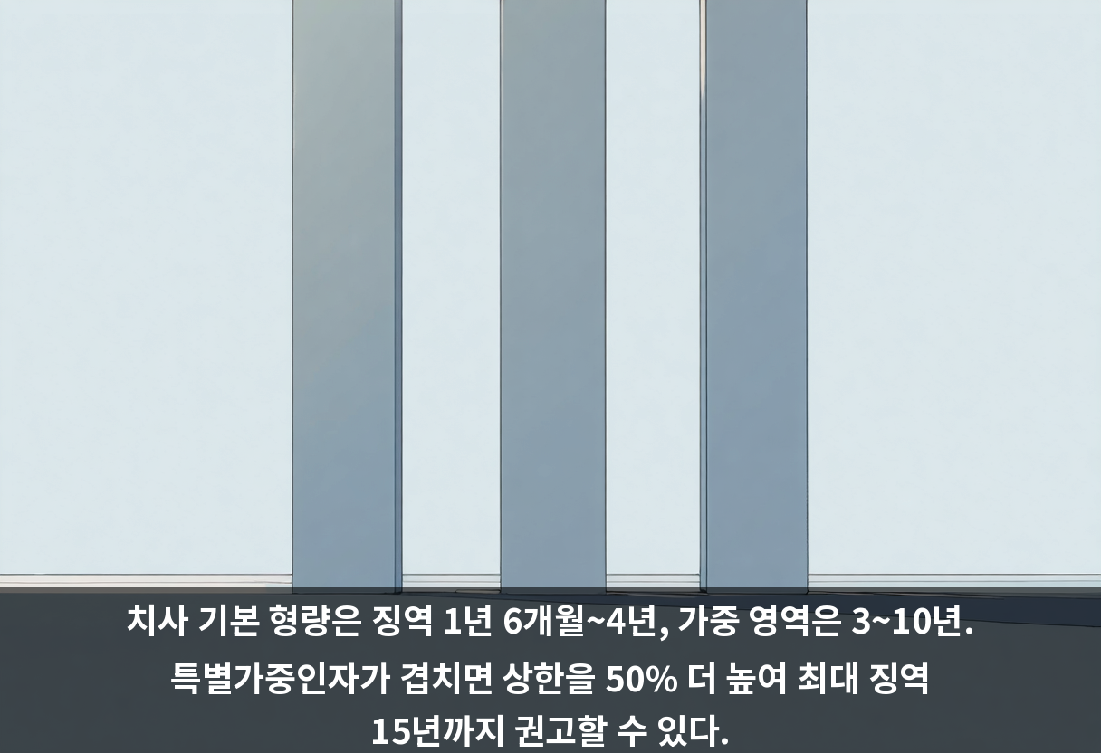 치사 기본 형량은 징역 1년 6개월~4년, 가중 영역은 3~10년. 특별가중인자가 겹치면 상한을 50% 더 높여 최대 징역 15년까지 권고할 수 있다.