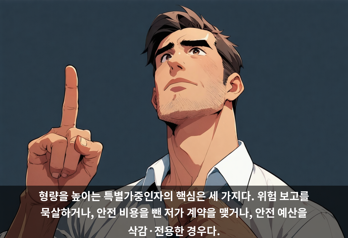 형량을 높이는 특별가중인자의 핵심은 세 가지다. 위험 보고를 묵살하거나, 안전 비용을 뺀 저가 계약을 맺거나, 안전 예산을 삭감·전용한 경우다.