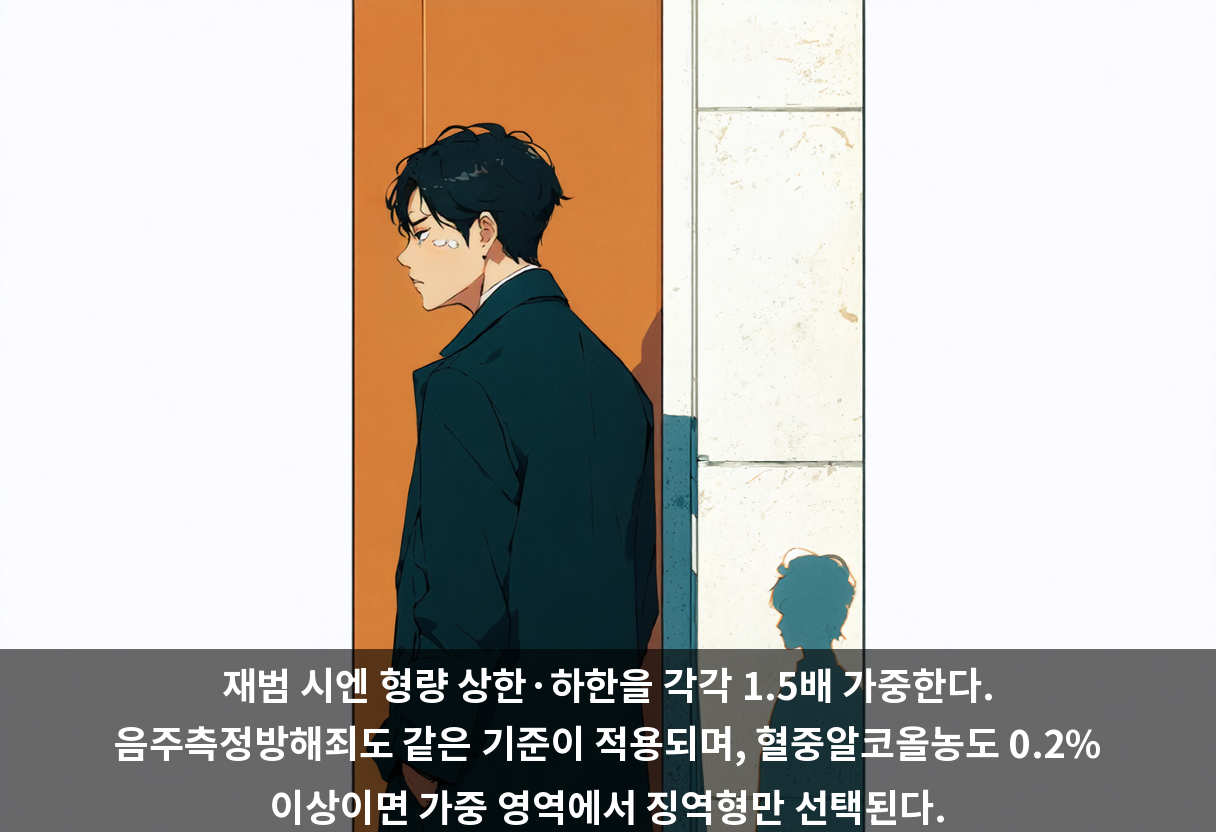 재범 시엔 형량 상한·하한을 각각 1.5배 가중한다. 음주측정방해죄도 같은 기준이 적용되며, 혈중알코올농도 0.2% 이상이면 가중 영역에서 징역형만 선택된다.