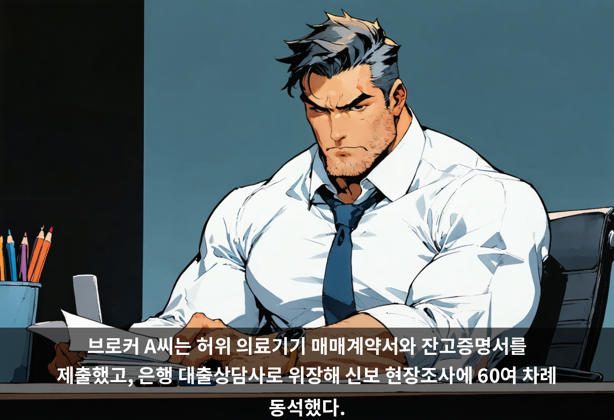 브로커 A씨는 허위 의료기기 매매계약서와 잔고증명서를 제출했고, 은행 대출상담사로 위장해 신보 현장조사에 60여 차례 동석했다.