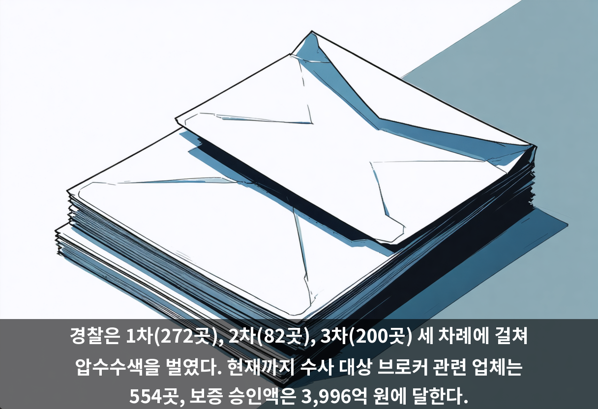 경찰은 1차(272곳), 2차(82곳), 3차(200곳) 세 차례에 걸쳐 압수수색을 벌였다. 현재까지 수사 대상 브로커 관련 업체는 554곳, 보증 승인액은 3,996억 원에 달한다.