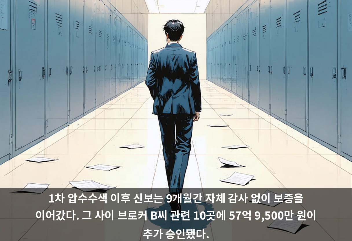 1차 압수수색 이후 신보는 9개월간 자체 감사 없이 보증을 이어갔다. 그 사이 브로커 B씨 관련 10곳에 57억 9,500만 원이 추가 승인됐다.