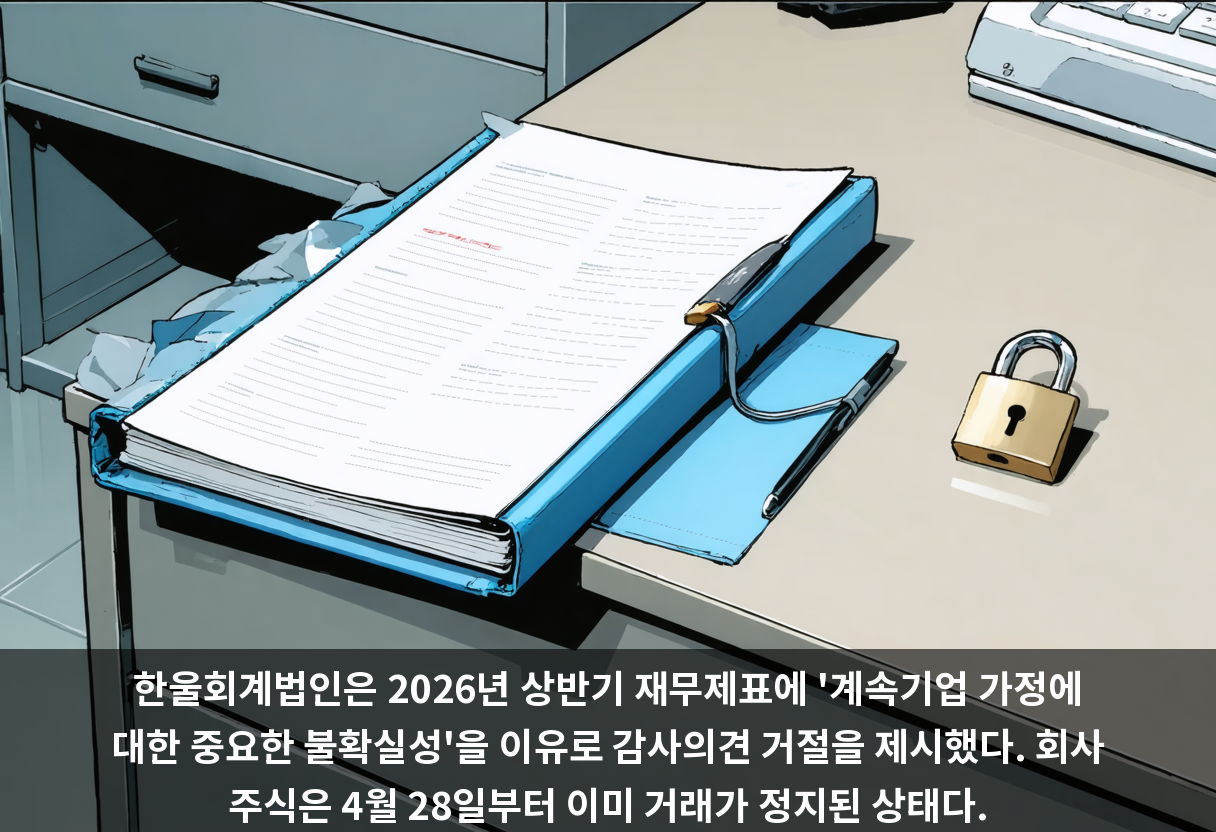 한울회계법인은 2026년 상반기 재무제표에 '계속기업 가정에 대한 중요한 불확실성'을 이유로 감사의견 거절을 제시했다. 회사 주식은 4월 28일부터 이미 거래가 정지된 상태다.