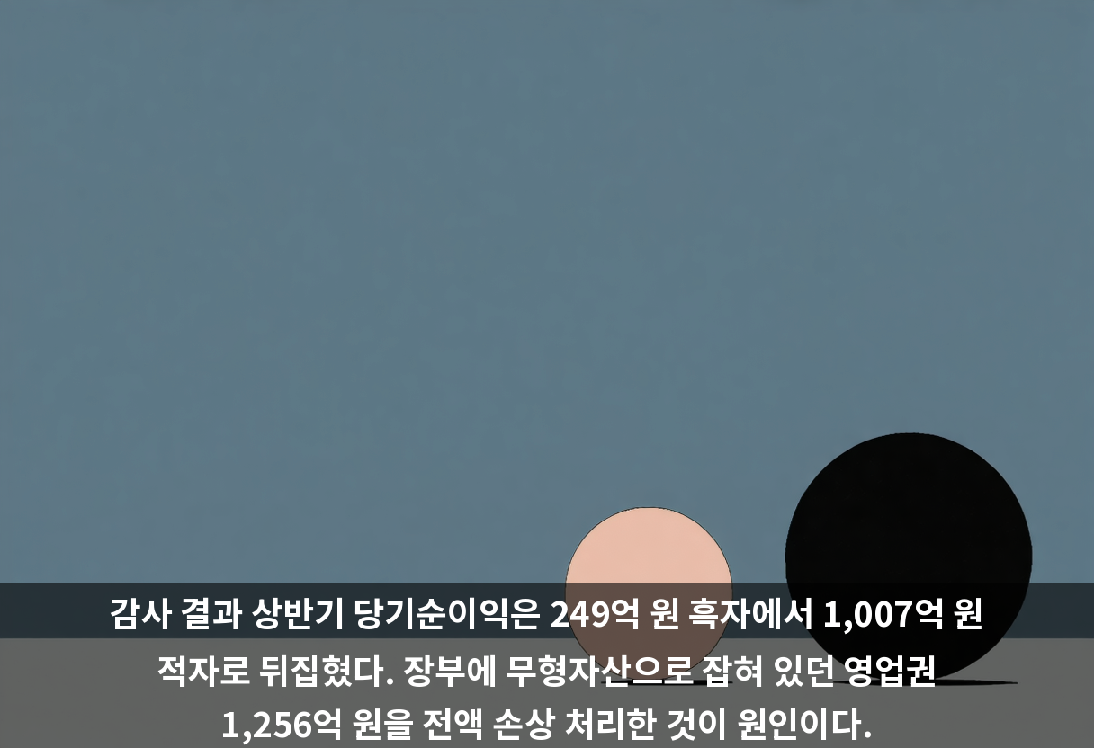 감사 결과 상반기 당기순이익은 249억 원 흑자에서 1,007억 원 적자로 뒤집혔다. 장부에 무형자산으로 잡혀 있던 영업권 1,256억 원을 전액 손상 처리한 것이 원인이다.
