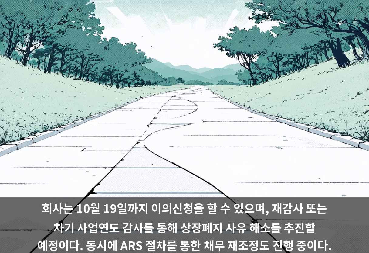 회사는 10월 19일까지 이의신청을 할 수 있으며, 재감사 또는 차기 사업연도 감사를 통해 상장폐지 사유 해소를 추진할 예정이다. 동시에 ARS 절차를 통한 채무 재조정도 진행 중이다.