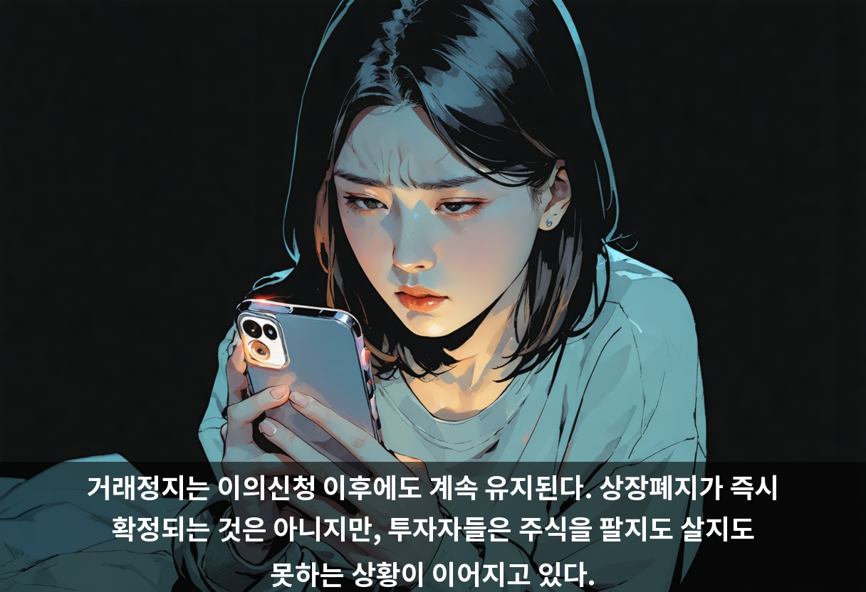 거래정지는 이의신청 이후에도 계속 유지된다. 상장폐지가 즉시 확정되는 것은 아니지만, 투자자들은 주식을 팔지도 살지도 못하는 상황이 이어지고 있다.