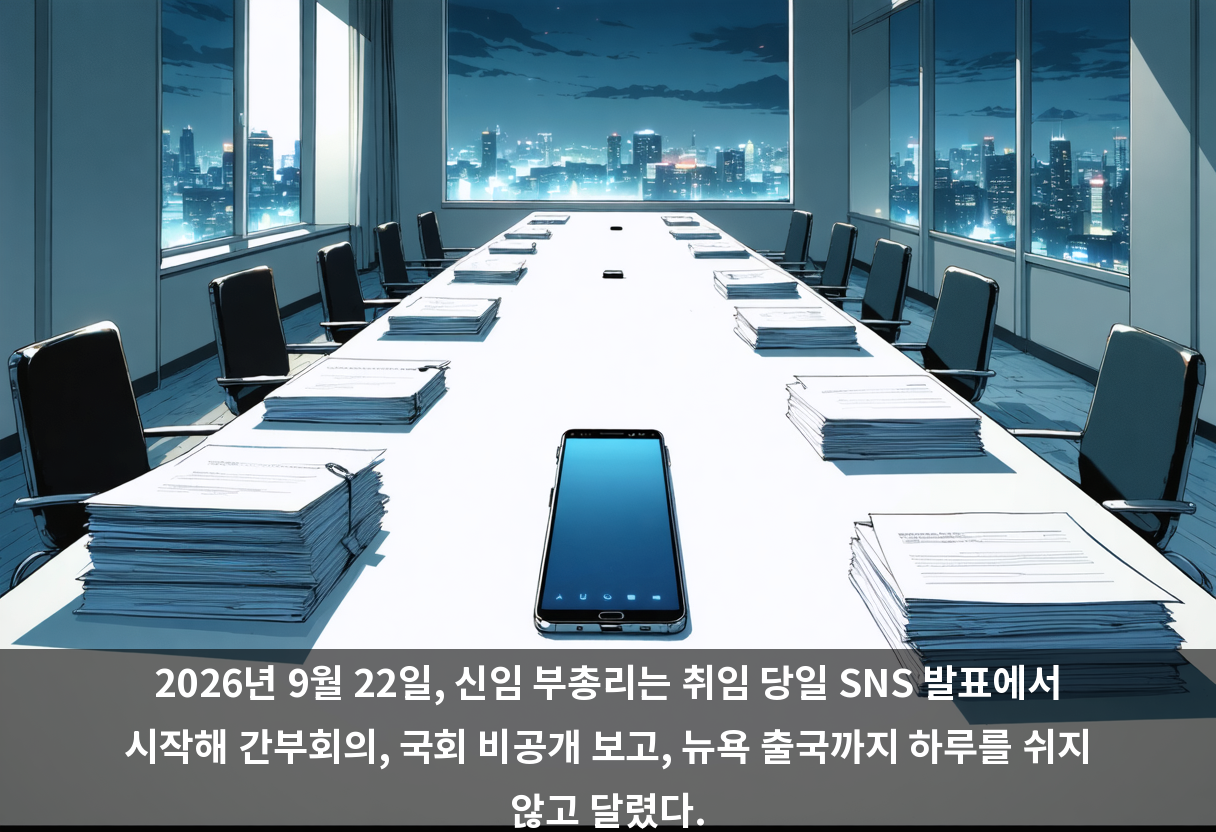 2026년 9월 22일, 신임 부총리는 취임 당일 SNS 발표에서 시작해 간부회의, 국회 비공개 보고, 뉴욕 출국까지 하루를 쉬지 않고 달렸다.