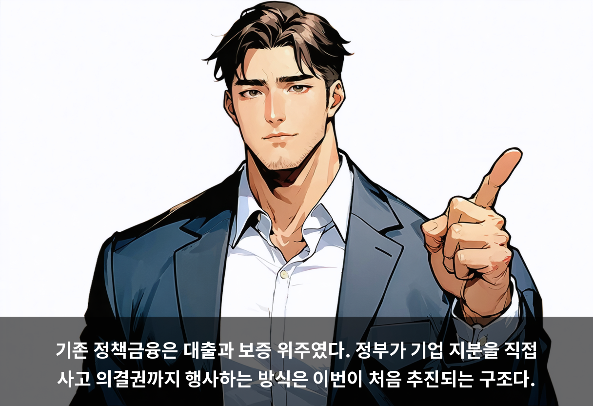 기존 정책금융은 대출과 보증 위주였다. 정부가 기업 지분을 직접 사고 의결권까지 행사하는 방식은 이번이 처음 추진되는 구조다.