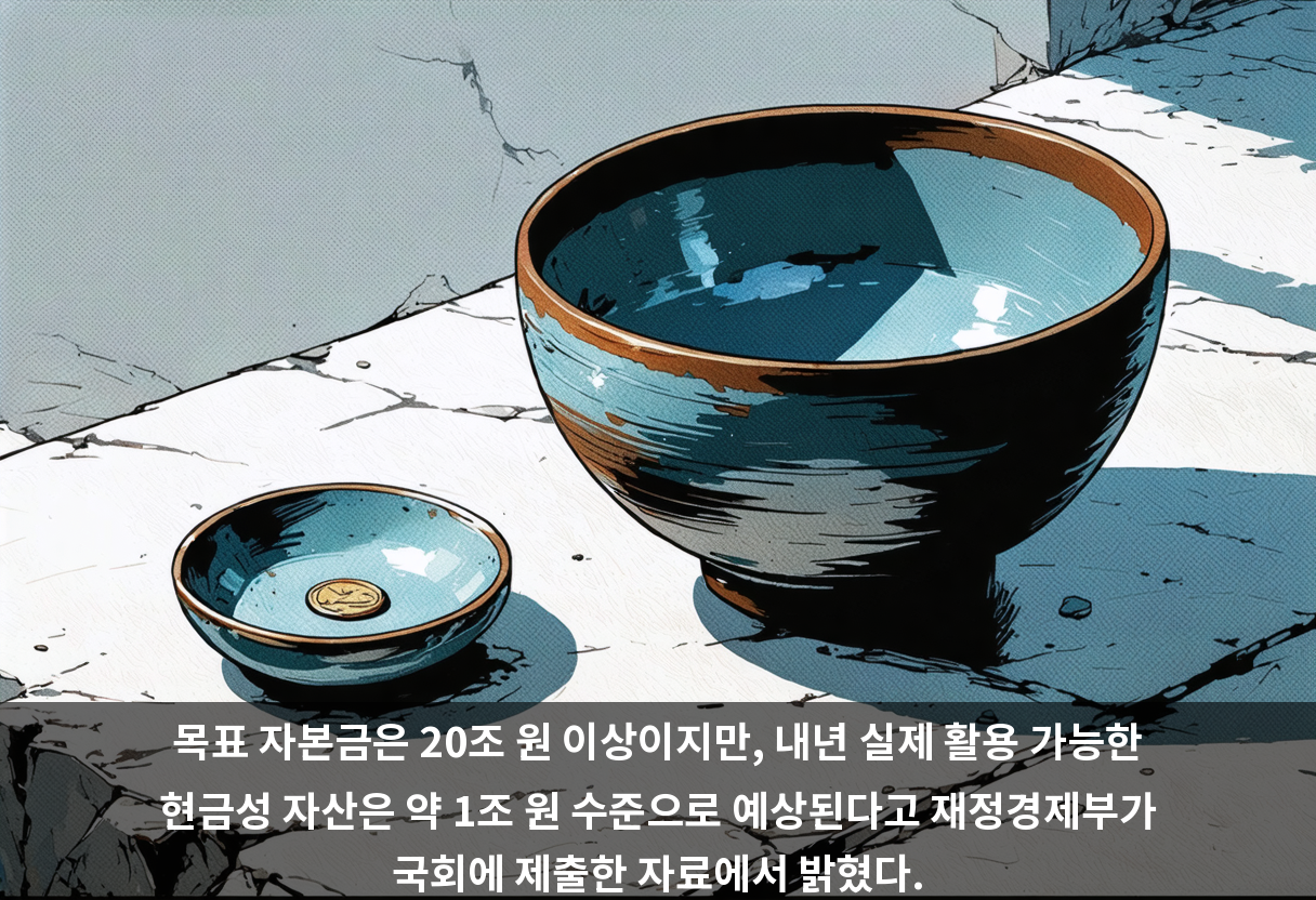목표 자본금은 20조 원 이상이지만, 내년 실제 활용 가능한 현금성 자산은 약 1조 원 수준으로 예상된다고 재정경제부가 국회에 제출한 자료에서 밝혔다.