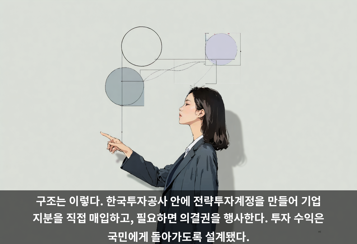 구조는 이렇다. 한국투자공사 안에 전략투자계정을 만들어 기업 지분을 직접 매입하고, 필요하면 의결권을 행사한다. 투자 수익은 국민에게 돌아가도록 설계됐다.