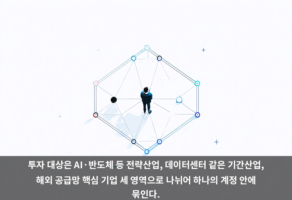 투자 대상은 AI·반도체 등 전략산업, 데이터센터 같은 기간산업, 해외 공급망 핵심 기업 세 영역으로 나뉘어 하나의 계정 안에 묶인다.
