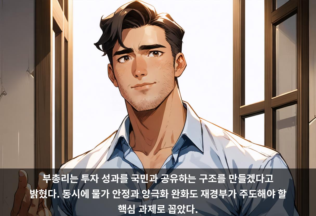 부총리는 투자 성과를 국민과 공유하는 구조를 만들겠다고 밝혔다. 동시에 물가 안정과 양극화 완화도 재경부가 주도해야 할 핵심 과제로 꼽았다.