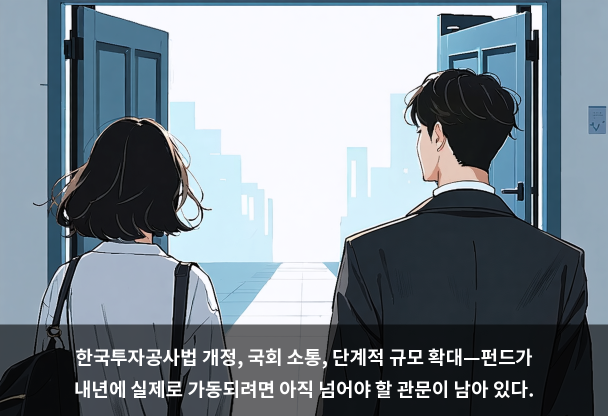 한국투자공사법 개정, 국회 소통, 단계적 규모 확대—펀드가 내년에 실제로 가동되려면 아직 넘어야 할 관문이 남아 있다.