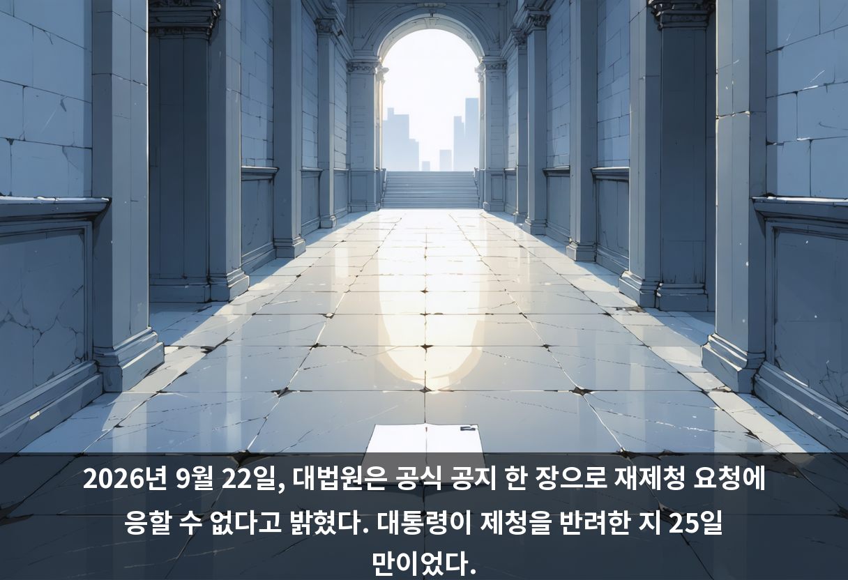 2026년 9월 22일, 대법원은 공식 공지 한 장으로 재제청 요청에 응할 수 없다고 밝혔다. 대통령이 제청을 반려한 지 25일 만이었다.