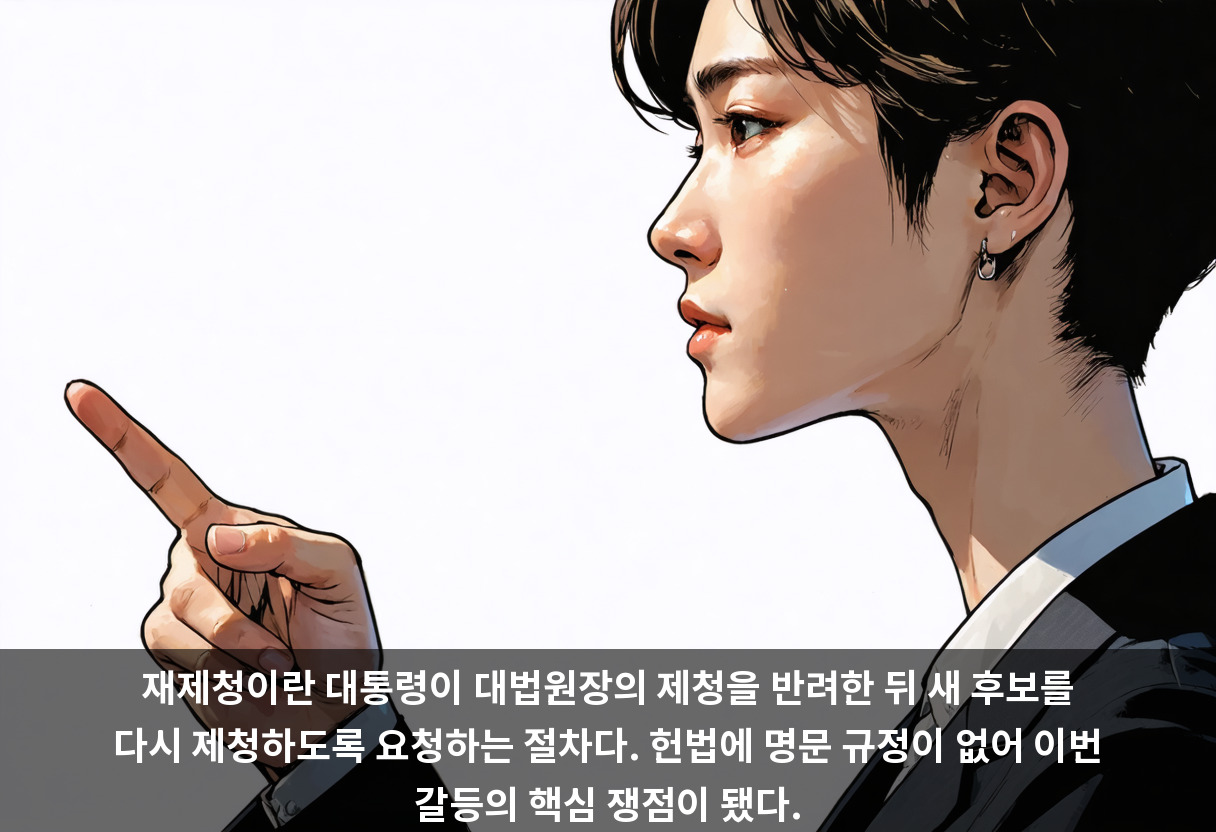 재제청이란 대통령이 대법원장의 제청을 반려한 뒤 새 후보를 다시 제청하도록 요청하는 절차다. 헌법에 명문 규정이 없어 이번 갈등의 핵심 쟁점이 됐다.