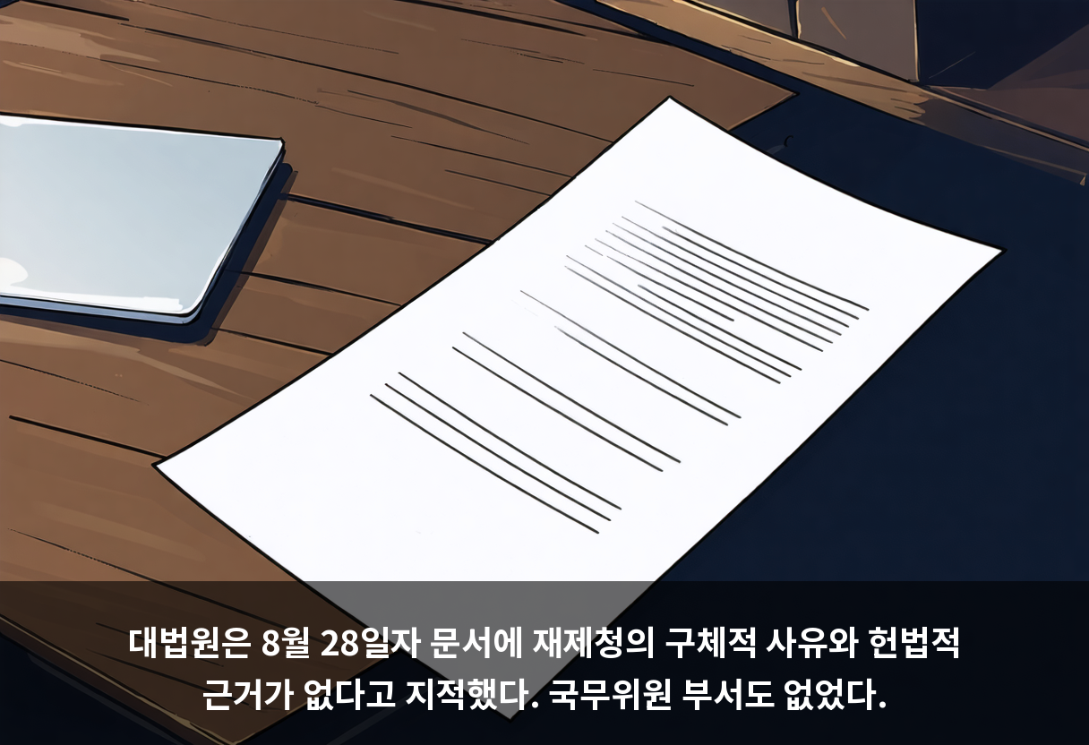 대법원은 8월 28일자 문서에 재제청의 구체적 사유와 헌법적 근거가 없다고 지적했다. 국무위원 부서도 없었다.