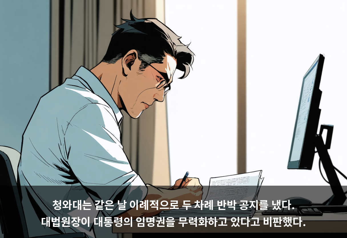 청와대는 같은 날 이례적으로 두 차례 반박 공지를 냈다. 대법원장이 대통령의 임명권을 무력화하고 있다고 비판했다.