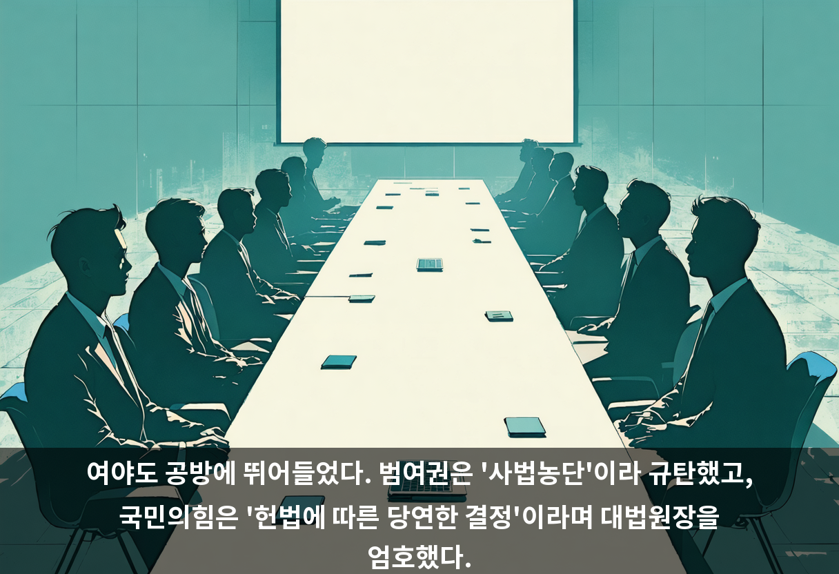 여야도 공방에 뛰어들었다. 범여권은 '사법농단'이라 규탄했고, 국민의힘은 '헌법에 따른 당연한 결정'이라며 대법원장을 엄호했다.