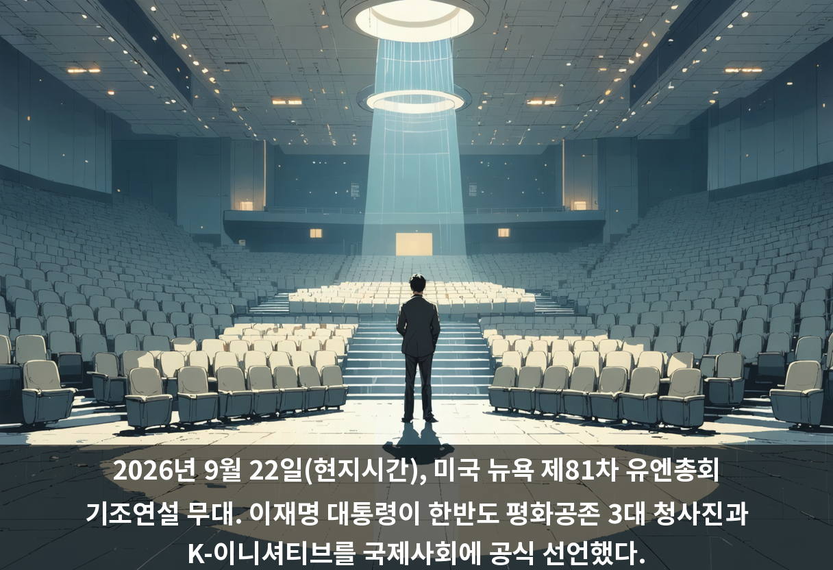 2026년 9월 22일(현지시간), 미국 뉴욕 제81차 유엔총회 기조연설 무대. 이재명 대통령이 한반도 평화공존 3대 청사진과 K-이니셔티브를 국제사회에 공식 선언했다.