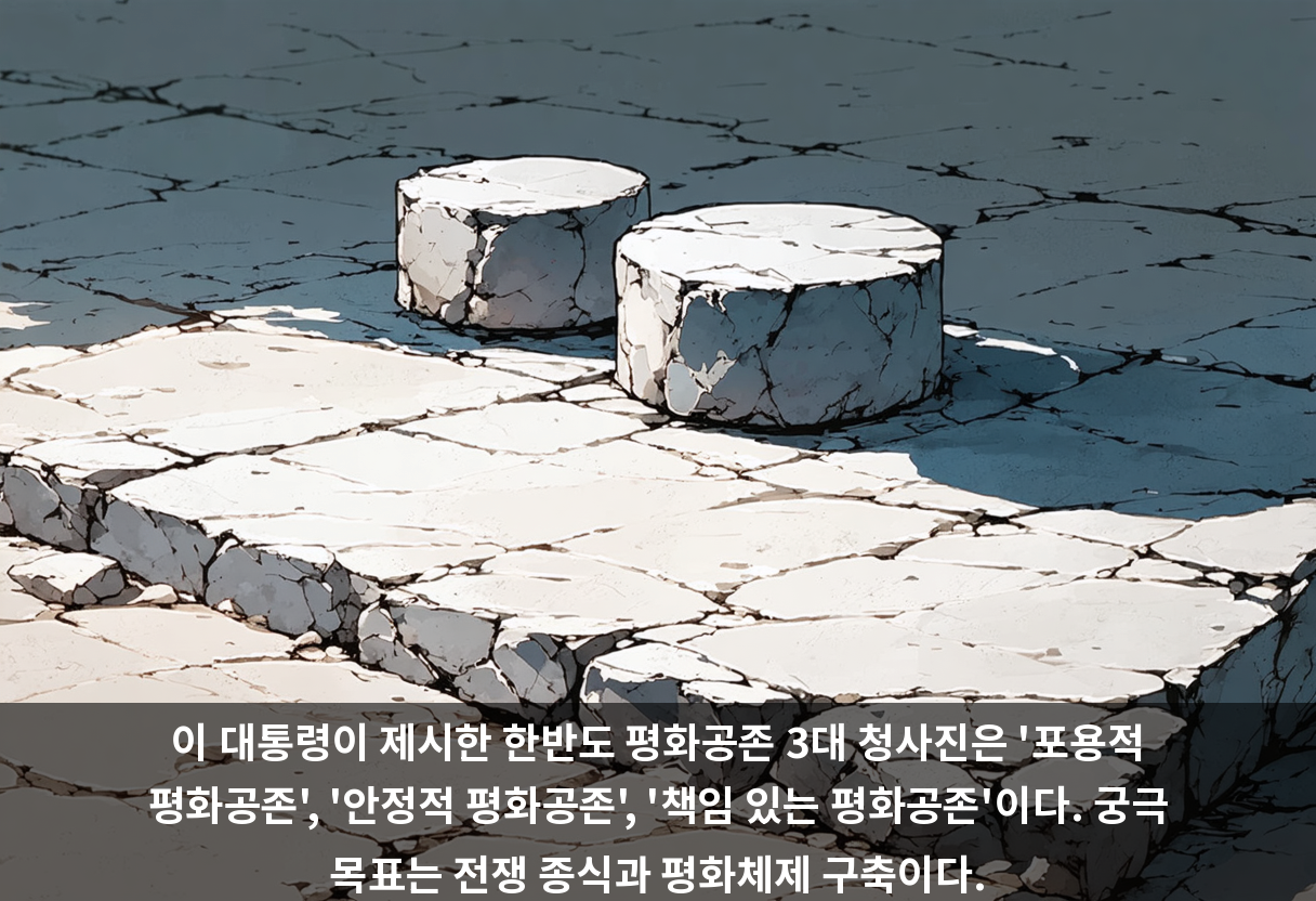 이 대통령이 제시한 한반도 평화공존 3대 청사진은 '포용적 평화공존', '안정적 평화공존', '책임 있는 평화공존'이다. 궁극 목표는 전쟁 종식과 평화체제 구축이다.
