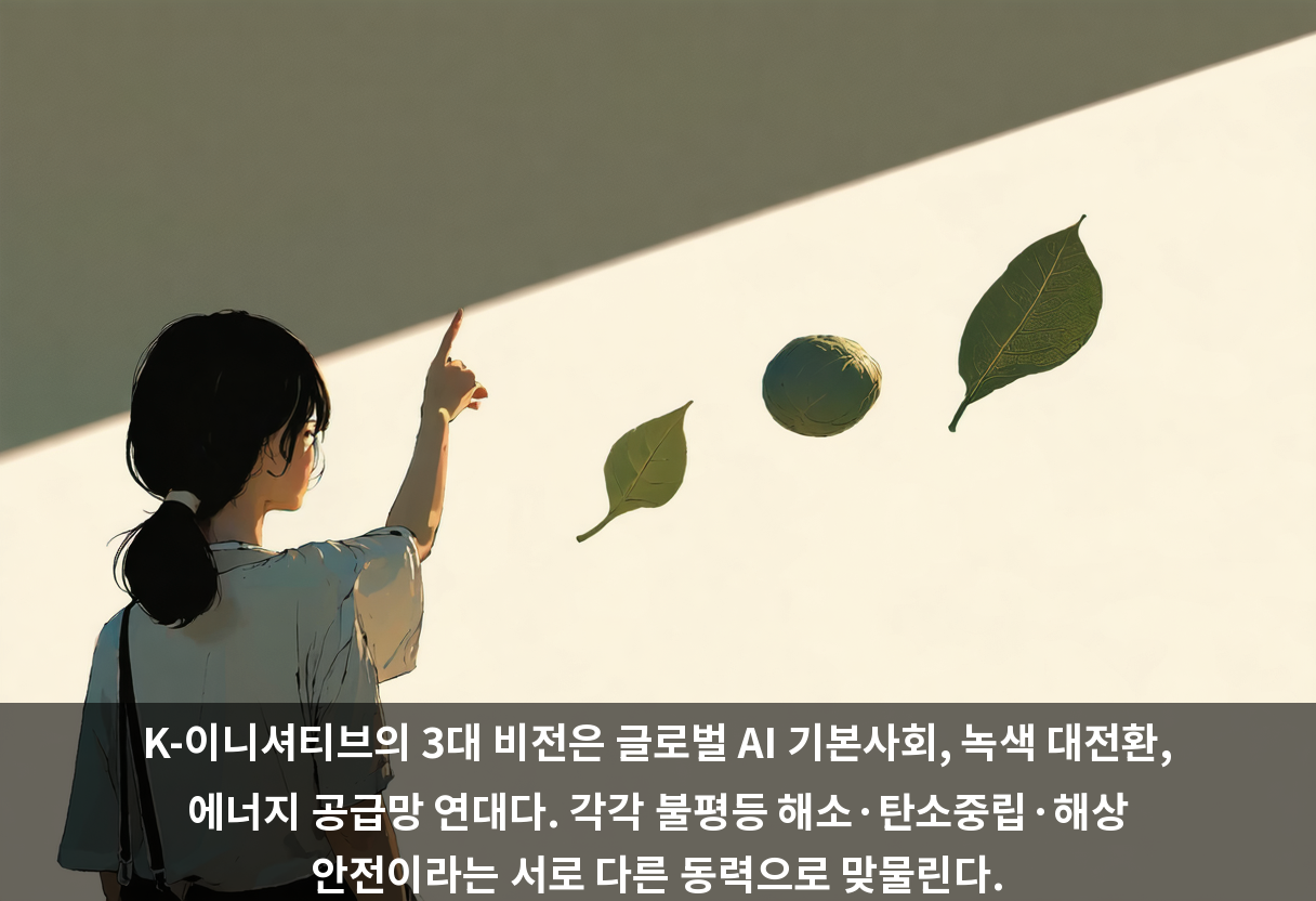 K-이니셔티브의 3대 비전은 글로벌 AI 기본사회, 녹색 대전환, 에너지 공급망 연대다. 각각 불평등 해소·탄소중립·해상 안전이라는 서로 다른 동력으로 맞물린다.