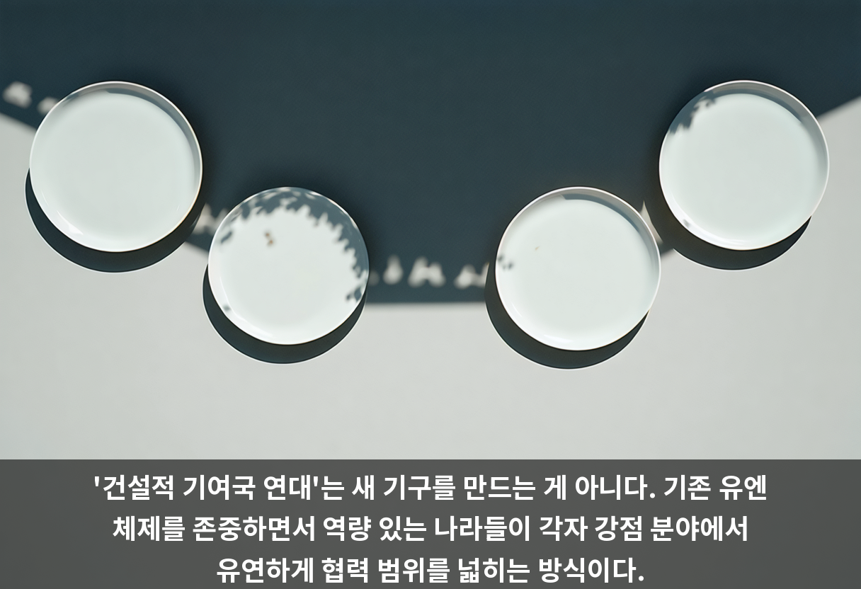'건설적 기여국 연대'는 새 기구를 만드는 게 아니다. 기존 유엔 체제를 존중하면서 역량 있는 나라들이 각자 강점 분야에서 유연하게 협력 범위를 넓히는 방식이다.