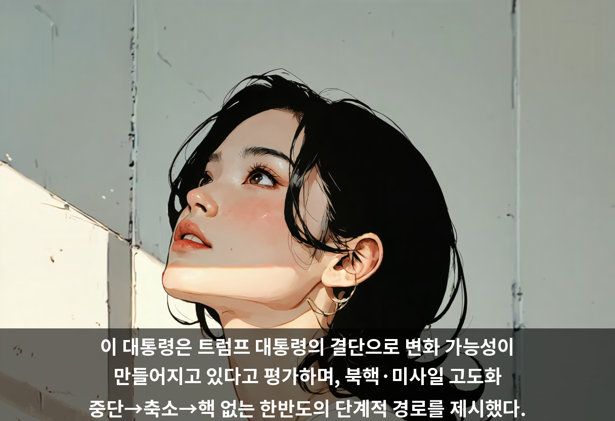 이 대통령은 트럼프 대통령의 결단으로 변화 가능성이 만들어지고 있다고 평가하며, 북핵·미사일 고도화 중단→축소→핵 없는 한반도의 단계적 경로를 제시했다.