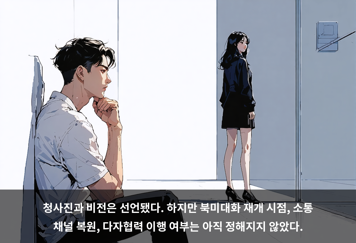청사진과 비전은 선언됐다. 하지만 북미대화 재개 시점, 소통 채널 복원, 다자협력 이행 여부는 아직 정해지지 않았다.